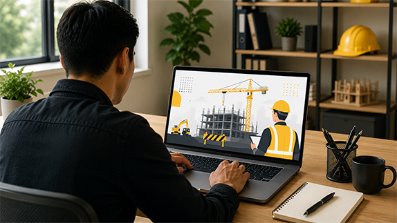 Professional working in construction project on laptop